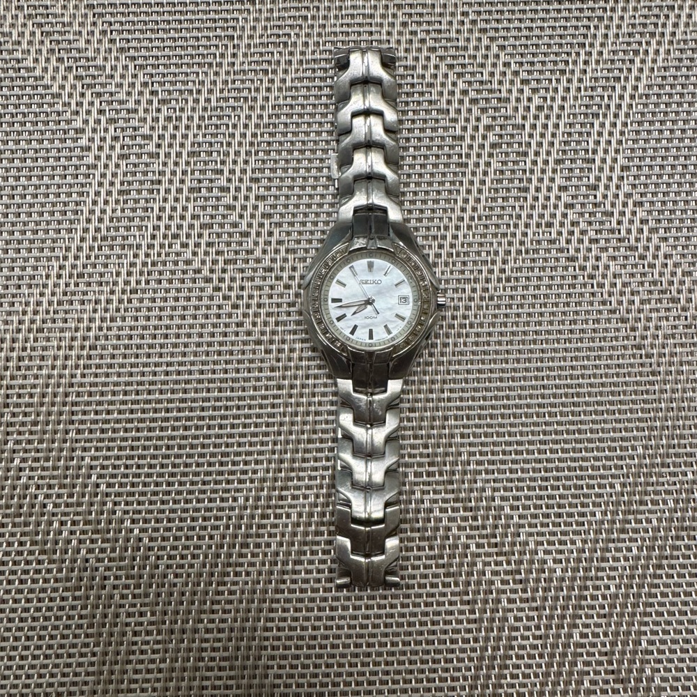 Seiko Silver Diamond Watch with Mother of Pearl Inlay